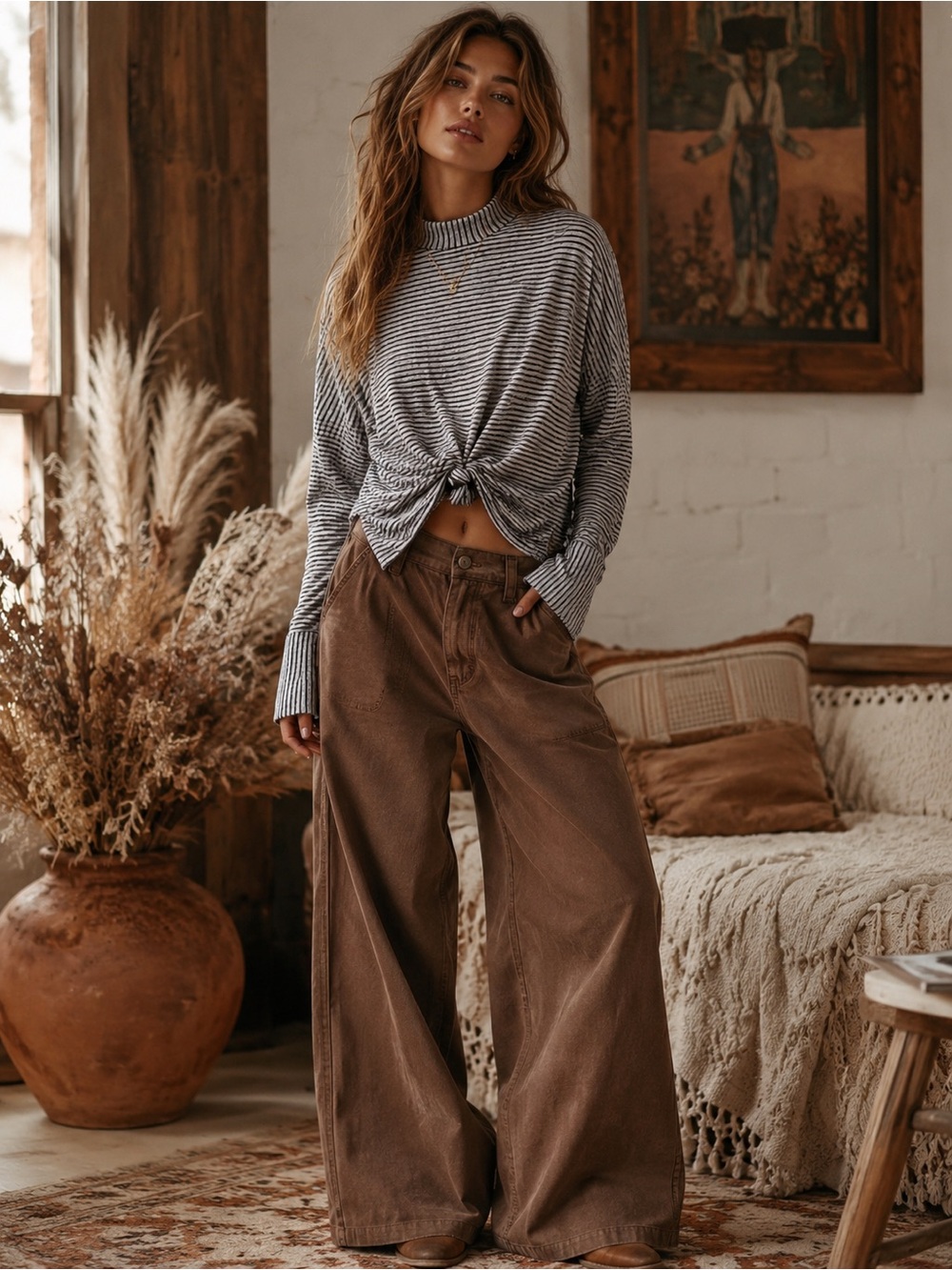 Out From Under Urban Outfitters Ribbed Twist Front Mock Neck Top Gray Striped S - Picture 1 of 9